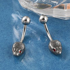 スネークヘッド 316 サージカルステンレス キュービックジルコニア へそリング  へそピアス  女性用カーブバーベルボディジュエリー  アンティークシルバー  レッド  25.5x7mm&nbsp;EJEW-G416-16AS-01