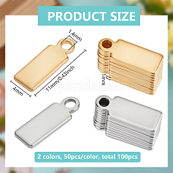 100個 2色 304ステンレススチールチェーンエクステンダードロップ  長方形  ゴールデン·ステンレス鋼色  11x4x1mm  穴：1.4mm  50個/カラー&nbsp;STAS-BC0004-07