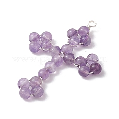 天然アメジスト銅線巻きペンダント  宗教クロスチャーム  銀色のメッキ  46x32x4mm  穴：3mm&nbsp;PALLOY-TA00146-04