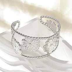 女性用304ステンレススチールカフバングル  花  ステンレス鋼色  内径：2-1/8インチ（5.35~5.5cm）&nbsp;BJEW-Z096-04P