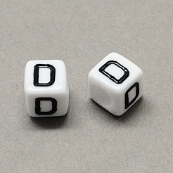 大穴アクリル文字ヨーロピアンビーズ  水平穴  ホワイト＆ブラック  文字付きのキューブ  文字.d  8x8x8mm  穴：4mm  約1144個/500g&nbsp;SACR-Q103-8mm-01D