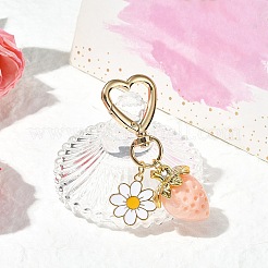アクリル製イチゴペンダント装飾  合金エナメルの花とハートの回転スナップフック留め金チャーム  ミスティローズ  70mm&nbsp;HJEW-SW00120-04