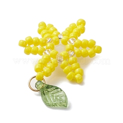 ガラスシードビーズの花のペンダント  アクリルリーフビーズと304ステンレススチールの丸カン付き  きいろ  21.5x17.5x5mm  穴：3mm&nbsp;PALLOY-TA00345-04