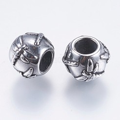 304ステンレススチールヨーロピアンビーズ  大穴ビーズ  トンボとrondelle  アンティークシルバー  10x8mm  穴：5mm&nbsp;STAS-I069-16AS