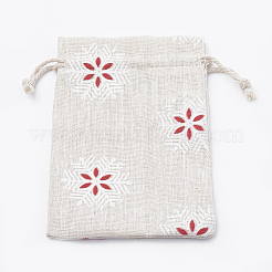 ポリコットン（ポリエステルコットン）パッキングポーチ巾着袋  印刷された雪片で  古いレース  14x10cm&nbsp;ABAG-T006-A18