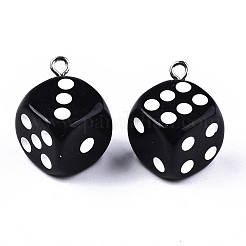 不透明なエポキシ樹脂ペンダント  プラチナメッキ鉄ループ付き  サイコロ  ブラック  23x19x19mm  穴：2mm&nbsp;X-CRES-N025-12A-B01