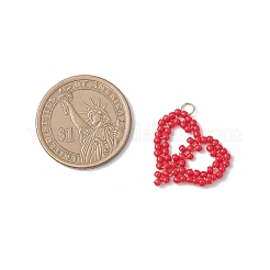 ガラスシードビーズペンダント  304ステンレススチールの丸カン付きハートチャーム  ゴールドカラー  レッド  21x24x2mm  穴：2.7mm&nbsp;PALLOY-MZ01158-02