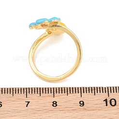 女性用真鍮カフオープンリング  花  エナメル  カドミウムフリー＆鉛フリー  ラックめっき  長持ちメッキ  18KGP本金メッキ  ディープスカイブルー  usサイズ7 1/4(17.5mm)&nbsp;KK-CBA17E5-03G-02
