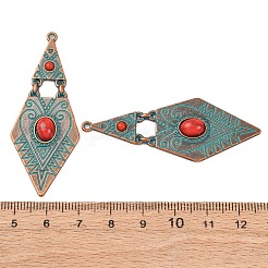 チベット風合金とアクリル製の大きなペンダント  赤銅鉱  菱形  57.5x22.5x5.5mm  穴：1.6mm&nbsp;PALLOY-F319-05A-R