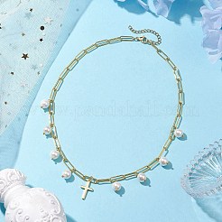 シェルパールのネックレス  真鍮クロスペンダントネックレス  ゴールドカラー  18.11インチ（46cm）&nbsp;NJEW-JN04875