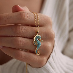 オーシャン 304 ステンレススチール アクアマリン ラインストーン タツノオトシゴ ペンダント アズキチェーン ネックレス（女性用）  18KGP本金メッキ  15.75インチ（40cm）&nbsp;WGFC42F-01