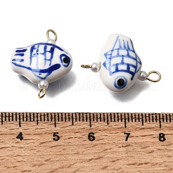 手作りの青と白の磁器製リンク  304ステンレススチールと模造真珠を使用  魚  22.5x17.5x8.5mm  穴：1.8mm/ 2.2x2.4mm&nbsp;PR-CBA27E8-01E-G