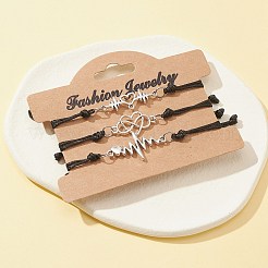 3 個 3 スタイルのハートビート & インフィニティ合金リンク ブレスレット セット  バレンタインデー用のワックス加工ポリエステルの調節可能な積み重ね可能なブレスレット  アンティークシルバー  内径：2~3-1/8インチ（5~8cm）  1個/スタイル&nbsp;BJEW-FZ00013
