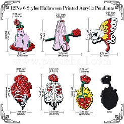 12 個 6 スタイルのハロウィンプリントアクリルパーツ  混合形状チャーム  ミックスカラー  40~46.5x20.5~44.5x2.3~2.6mm  穴：1.8mm  2個/スタイル&nbsp;SACR-CJ0001-70