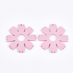 塗装木製ペンダント  花  ピンク  49.5x49x3mm  穴：1mm&nbsp;WOOD-Q040-010C