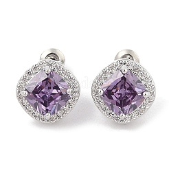 女性用真鍮パヴェキュービックジルコニアスクエアスタッドピアス  プラチナ  ミックスカラー  12.5x12.5mm&nbsp;EJEW-I304-21P