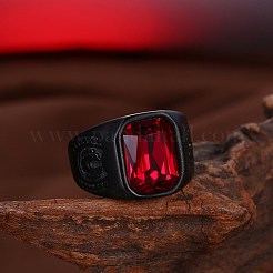 男性用ステンレススチールガラス指輪  ワイドバンドリング  レッド  ガンメタ色  usサイズ9（18.9mm）&nbsp;RJEW-BB29449-D-9