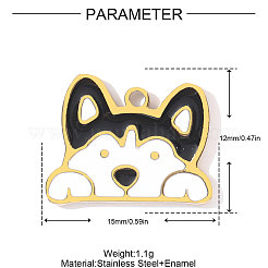 304ステンレススチールエナメルペンダント  犬のチャーム  イオンプレーティング（ip）  18KGP本金メッキ  ブラック  15x12mm&nbsp;STAS-OY001-69G