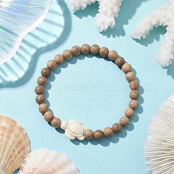 ビーチトータス合成ターコイズブレスレット  女性用 6mm 木製ラウンドビーズストレッチブレスレット  フローラルホワイト  内径：2-1/8インチ（5.38cm）  ビーズ：6mm&nbsp;BJEW-JB10311-01