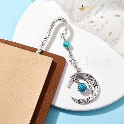 合金ムーンペンダントブックマーク  チベット風合金フックブックマーク  ガラスパールと  ディープスカイブルー  112mm&nbsp;AJEW-JK00296-03