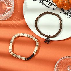 天然黒瑪瑙＆ココナッツ＆シェルビーズストレッチブレスレット2個  合金ペンダント付き  ミックスカラー  ビーズ：5.5~7.5x2.5~6mm  内径：2-1/4インチ（5.75cm）&nbsp;BJEW-JB12673
