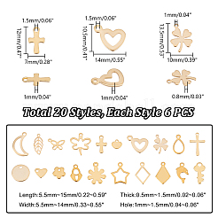 304ステンレスペンダント  空白タグのスタンプ  クロス&クローバー&ハート&鍵&イルカ&月&星&トンボ&蝶&葉っぱ&花&南京錠  ゴールドカラー  120個/箱&nbsp;STAS-UN0006-92G
