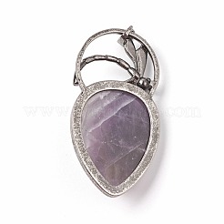 天然石アメジストペンダント  真鍮パーツ  ティアドロップ  アンティークシルバー  52~53x27x10~11mm  穴：8x5mm&nbsp;X-G-I220-G06