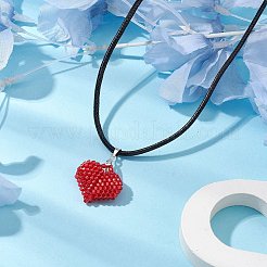 3d ハート ガラス シード ビーズ ペンダント ネックレス  模造革コードネックレス  レッド  17.52インチ（44.5cm）&nbsp;NJEW-MZ00046-03