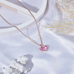 1個 ホットピンク ハート 亜鉛合金 ガラス ペンダント ベネチアンチェーン ネックレス 女性用  ゴールドカラー  16.14インチ（41cm）&nbsp;NJEW-LP0004-20