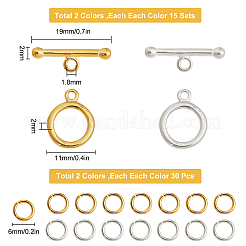 30セット2色の真鍮トグル留め具  60個入り2色丸カン  ゴールデン＆シルバー  リング：11x2mm  バー：19x2mm  穴：1.8mm&nbsp;KK-SC0002-22
