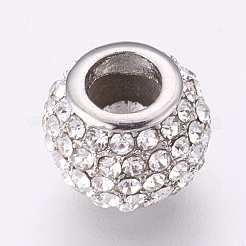 304ステンレススチールヨーロピアンビーズ  大穴ビーズ  ラインストーン付き  ロンデル  ステンレス鋼色  クリスタル  10x8mm  穴：4.5mm&nbsp;X-STAS-O097-104B