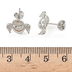 翼付きハートの真鍮スタッドピアス  ラックめっき  長持ちメッキ  カドミウムフリー＆鉛フリー  プラチナ  12x13.5mm&nbsp;EJEW-A145-01P