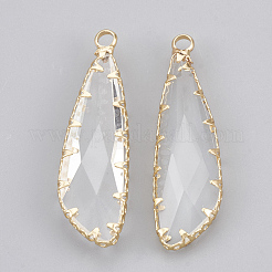真鍮製ガラスチャーム  多面カット  ティアドロップ  透明  18KGP本金メッキ  35.5x10x4mm  穴：2mm&nbsp;KK-T035-52