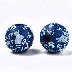 印刷された天然木のビーズ  フローラル模様で丸い  ダークブルー  14x13mm  穴：3mm&nbsp;WOOD-R270-11A