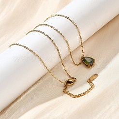 304ステンレスネックレス  キュービックジルコニアティアドロップチャーム付き  18KGP本金メッキ  オリーブドラブ  長さ16.22インチ(41.2cm)+64mmエクステンダー&nbsp;NJEW-R022-01G-08