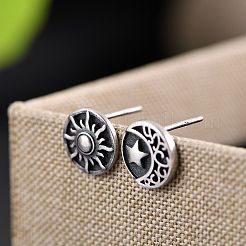 合金と201ステンレススチール製のスタッドピアス  サン＆スター＆ムーン  アンティークシルバー  12mm&nbsp;WGE2607-01