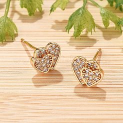 女性用真鍮マイクロパヴェクリアキュービックジルコニアスタッドピアス  カドミウムフリー＆鉛フリー  長持ちメッキ  ラックめっき  ゴールドカラー  ハート  6.5x7.5mm&nbsp;EJEW-G428-25G-06