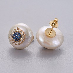 天然パールのスタッドピアス  真鍮マイクロパヴェキュービックジルコニアのパーツ  花付きフラットラウンド  長持ちメッキ  耳ナッツ  ゴールドカラー  ダークブルー  14~14.5mm  ピン：0.8mm&nbsp;EJEW-L231-23C