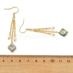 シェルパールとアワビ貝／パウア貝のドロップピアス（女性用）  304ステンレススチールピアスフック付き  ゴールドカラー  菱形  65x10mm&nbsp;EJEW-JE07328-02