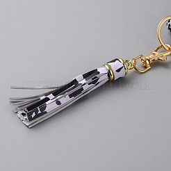 牛のプリントシリコンビーズペンダント装飾  puレザータッセル付き  ブラック  235mm&nbsp;HJEW-SZC0007-01