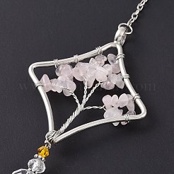 ティアドロップアクリルビーズビッグペンダントデコレーション  サンキャッチャーをぶら下げ  ローズクォーツチップビーズ付き  命の木  菱形  374mm&nbsp;LS-HJEW-D029-01P-D
