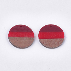 トリコロールレジン＆ウォールナットウッドペンダント  フラットラウンド  レッド  28x3.5mm  穴：2mm&nbsp;RESI-S358-78C