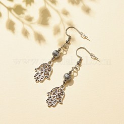 合金ハムサ ハンド ダングル イヤリング  女性用ロングドロップピアス  アンティークシルバー  59mm  ピン：0.6mm&nbsp;EJEW-JE04911-03