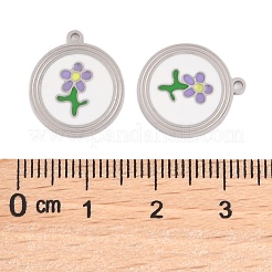 304ステンレススチールエナメルペンダント  フラワーチャーム付きフラットラウンド  ステンレス鋼色  16.5x14x1.5mm  穴：1.4mm&nbsp;STAS-L022-177B-P