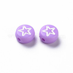 不透明なアクリルビーズ  白いハートと花と月と星のフラットラウンド  ライラック  7x4mm  穴：1.6mm&nbsp;MACR-N008-40B