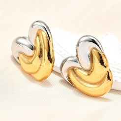 304ステンレススチール製ツートンカラースタッドピアス（女性用）  18KGP本金メッキ  左右  ハート  26.5x27mm&nbsp;EJEW-R023-01GP-01