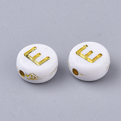 メッキアクリルビーズ  ゴールドライン入り  水平穴  アルファベット付きのフラットラウンド  ホワイト  文字.e  7x3.5mm  穴：1.2mm  約3600個/500g&nbsp;PACR-R242-01E