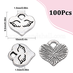 100 個のチベットスタイル合金チャーム  翼とハート  アンティークシルバー  9.5x10x1.5mm  穴：1.5mm&nbsp;FIND-SC0006-36