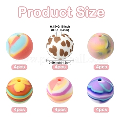 24個 6種類のプリントラウンドシリコンフォーカルビーズ  ミックスカラー  15mm  穴：2mm  4個/スタイル&nbsp;SIL-YW0001-76A