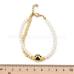 真鍮マルチ連ブレスレット  女性用エナメルチャームブレスレット  足跡  イオンプレーティング（ip）  18KGP本金メッキ  プラスチックパールと304ステンレススチールのカニカン付き  ブラック  7-1/4インチ（18.3cm）&nbsp;BJEW-M056-09G-04